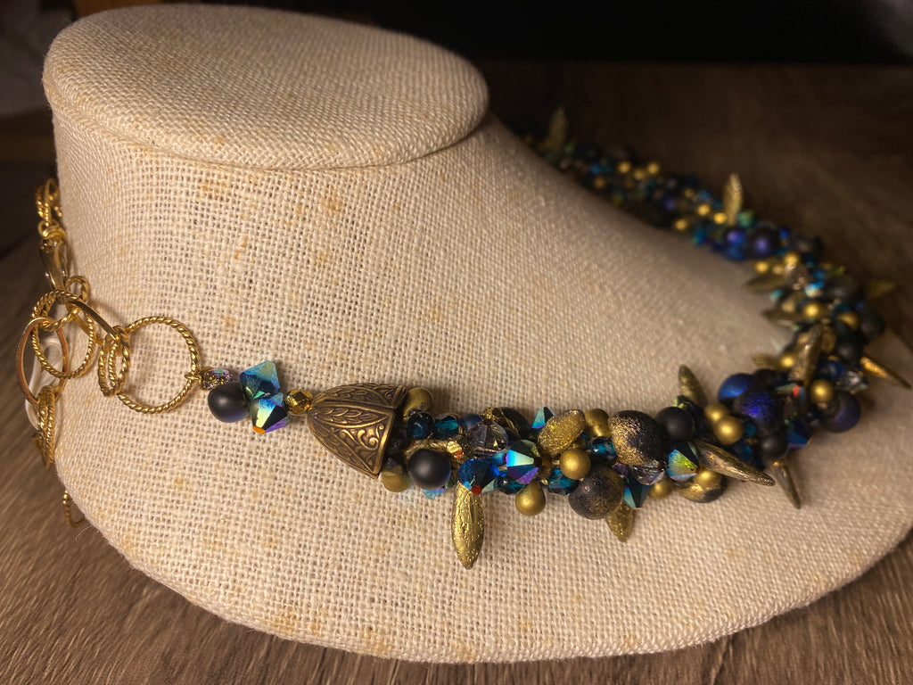 Necklace, finished jewelry, kumihimo, daggers and drops, tabac and jet AB2x top drilled crystals with gold findings/clasp