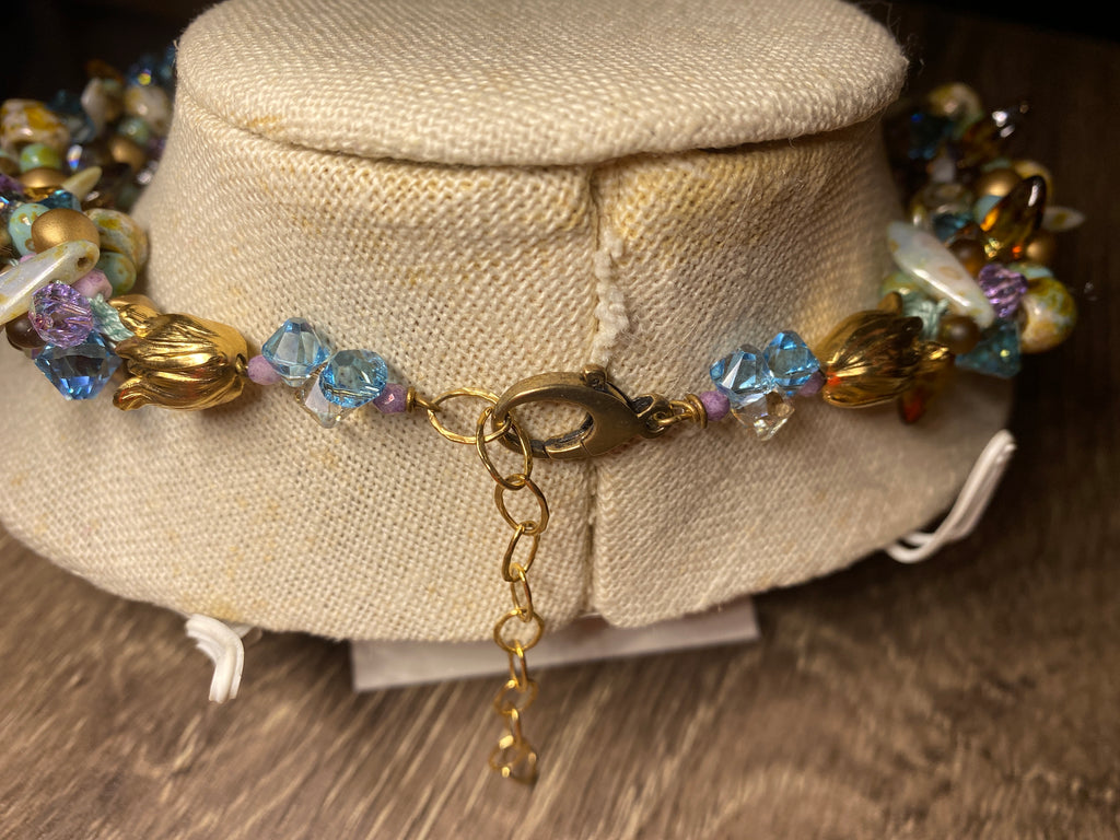 Necklace, finished jewelry, kumihimo, aqua champagne/violet/golden shadow top drilled crystals