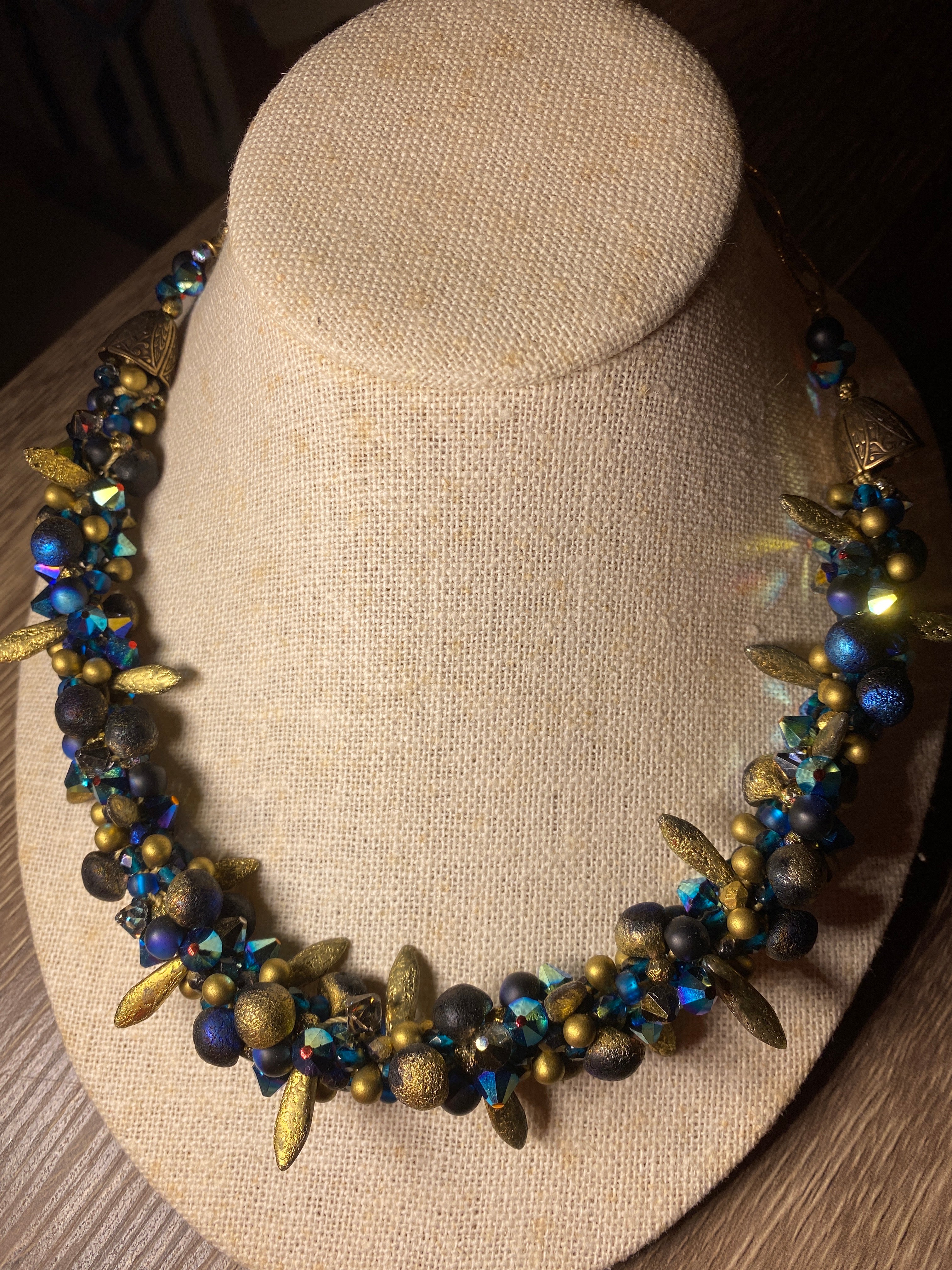 Necklace, finished jewelry, kumihimo, daggers and drops, tabac and jet AB2x top drilled crystals with gold findings/clasp