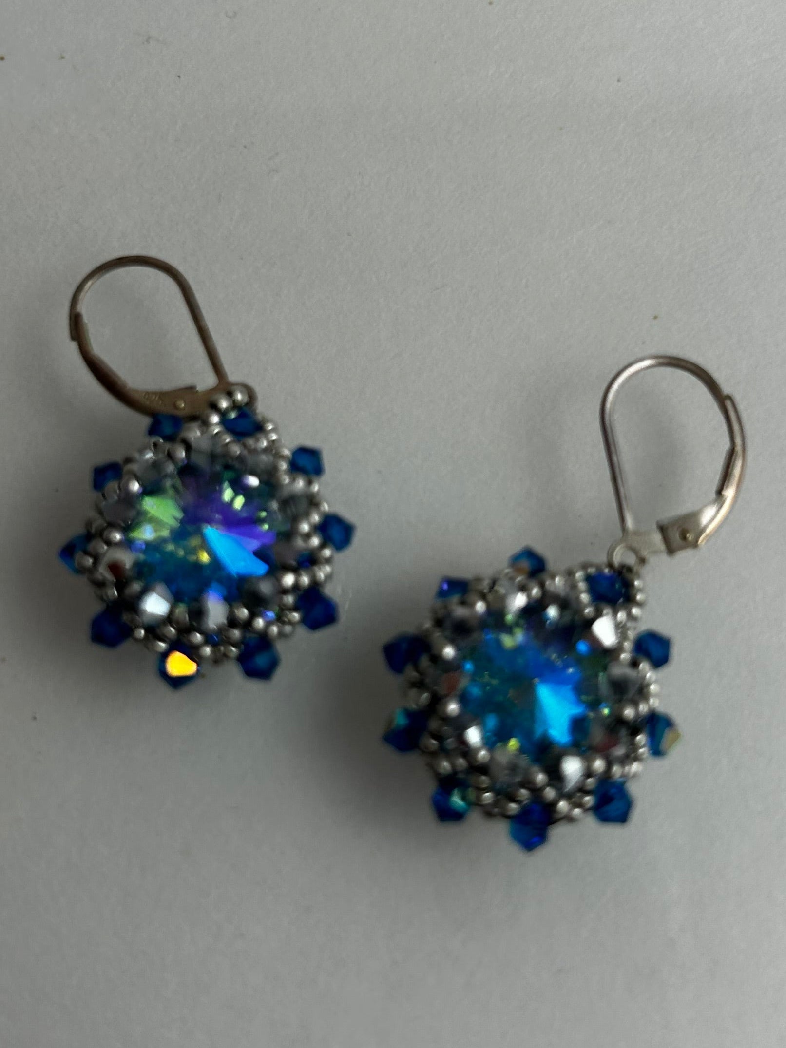 Earrings, finished jewelry, Aqua-capri and silver rivoli 14mm earrings