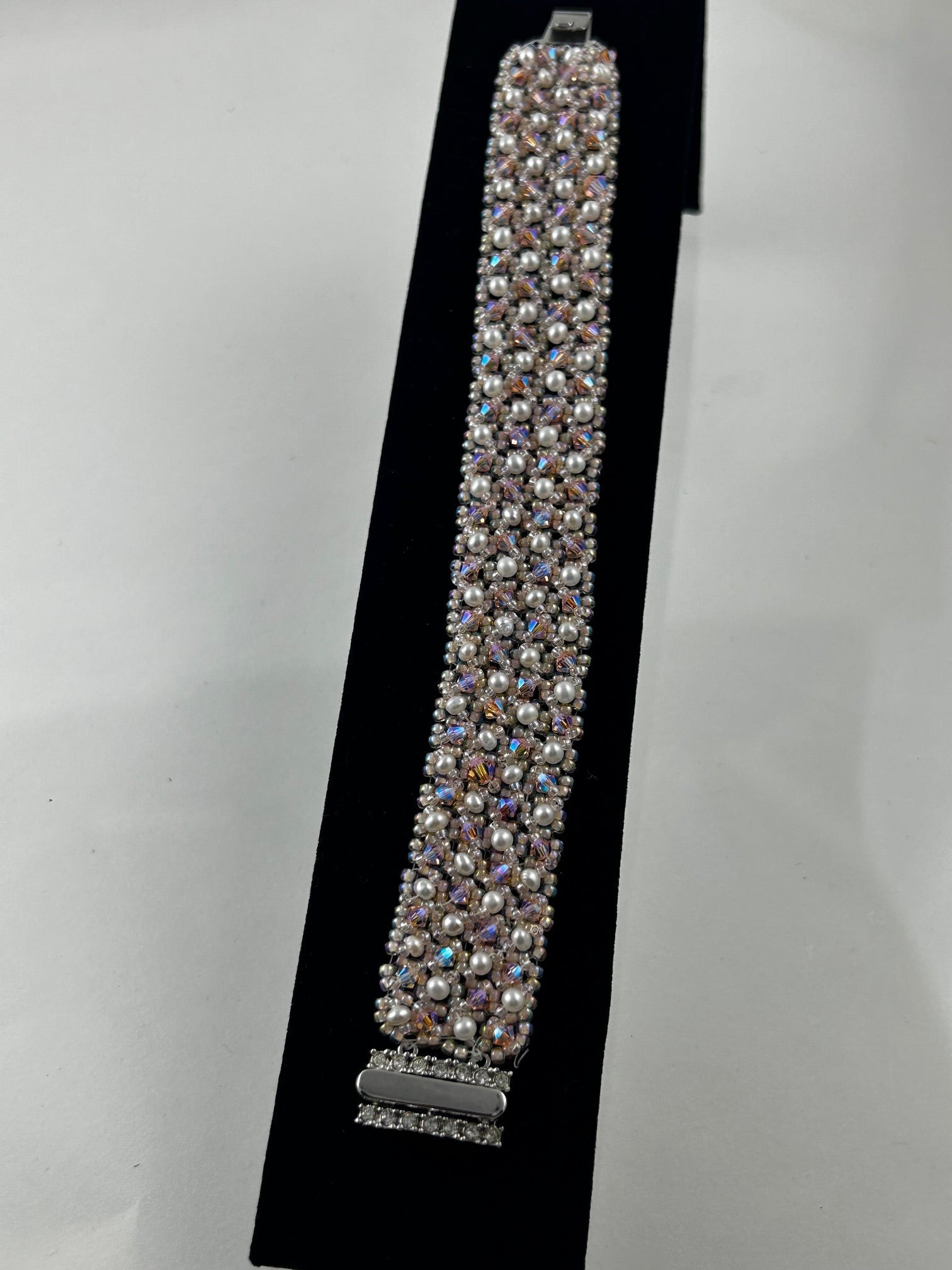 Bracelet, finished jewelry, 3mm Peach crystal, fresh water pearls, right angle weave