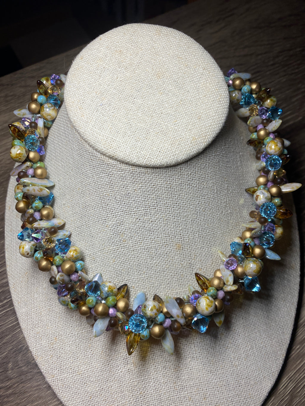Necklace, finished jewelry, kumihimo, aqua champagne/violet/golden shadow top drilled crystals
