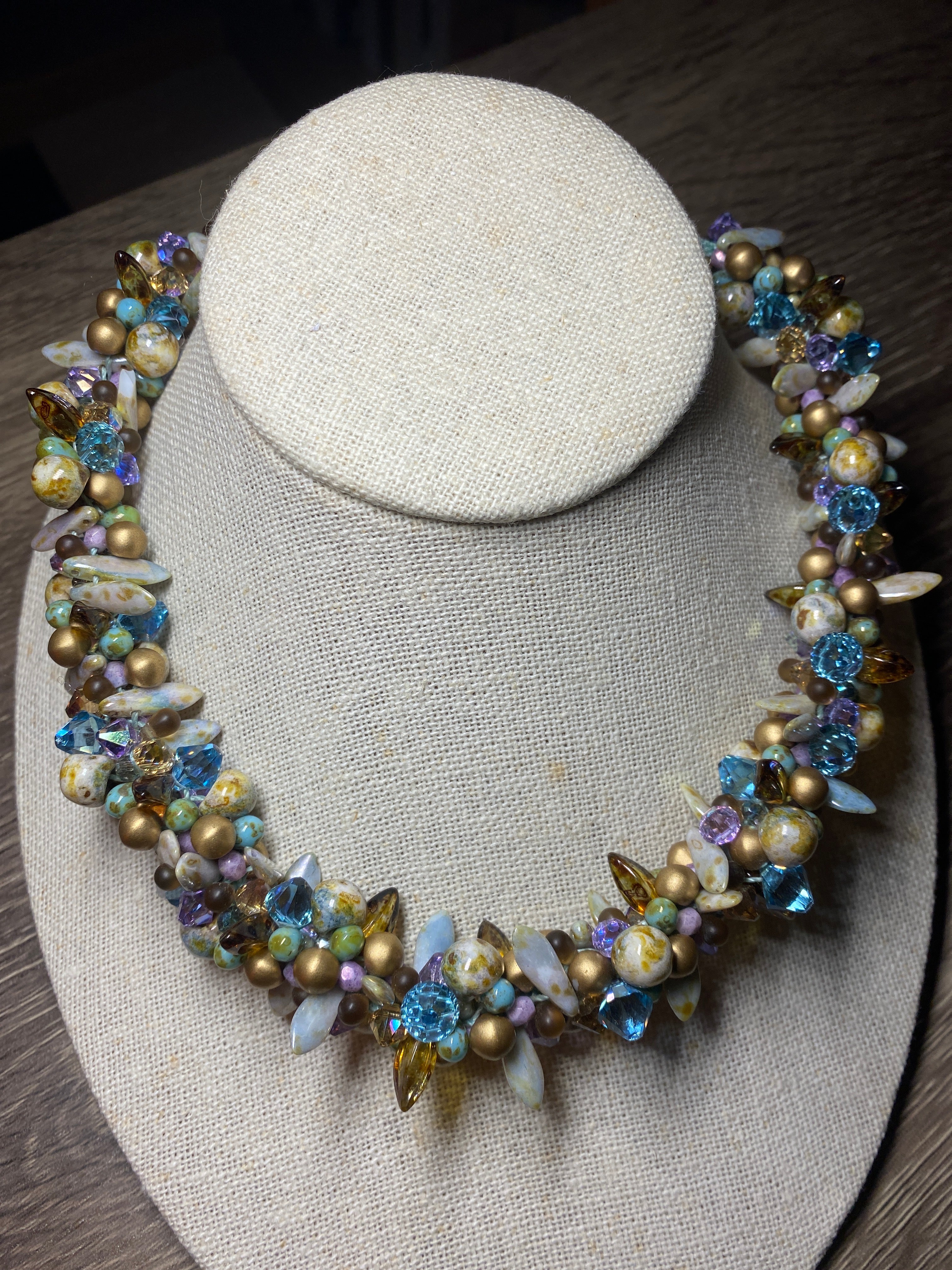 Necklace, finished jewelry, kumihimo, aqua champagne/violet/golden shadow top drilled crystals