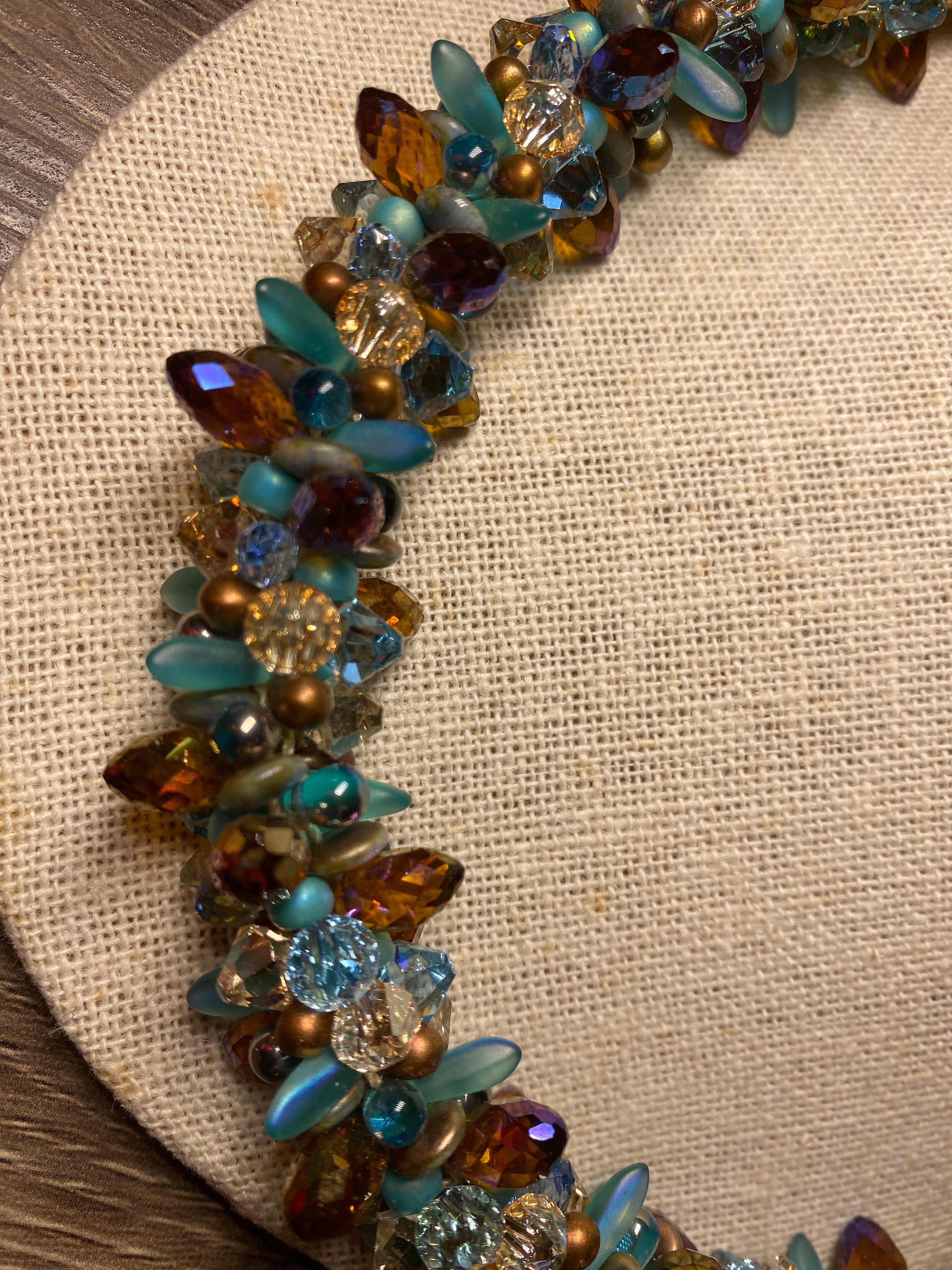 Necklace, finished jewelry, Smokey topaz and aqua champagne, golden shadow, and Czech glass top drilled crystals, gold adjustable findings/clasp