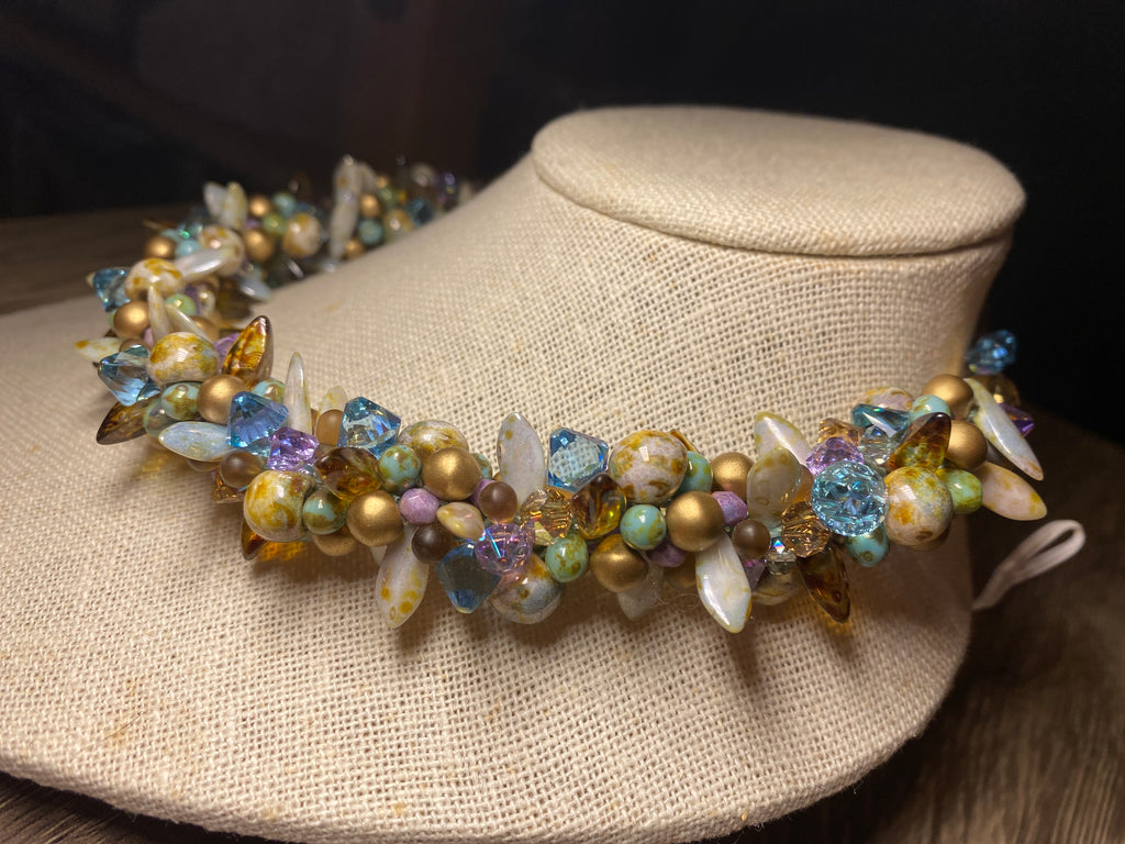 Necklace, finished jewelry, kumihimo, aqua champagne/violet/golden shadow top drilled crystals