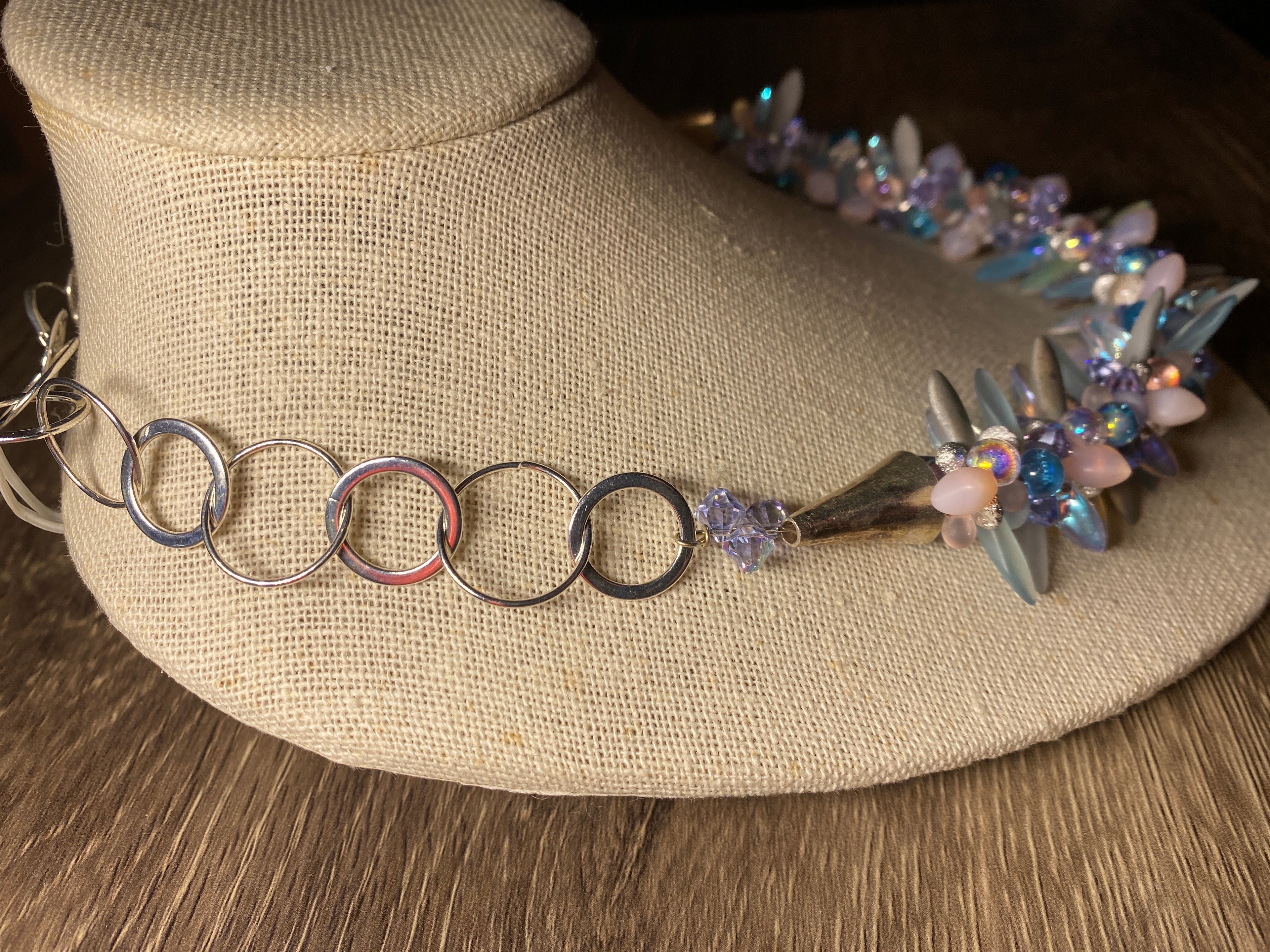 Necklace, finished jewelry, kumihimo, daggers and drops with Provence lavender crystals with silver findings/clasp
