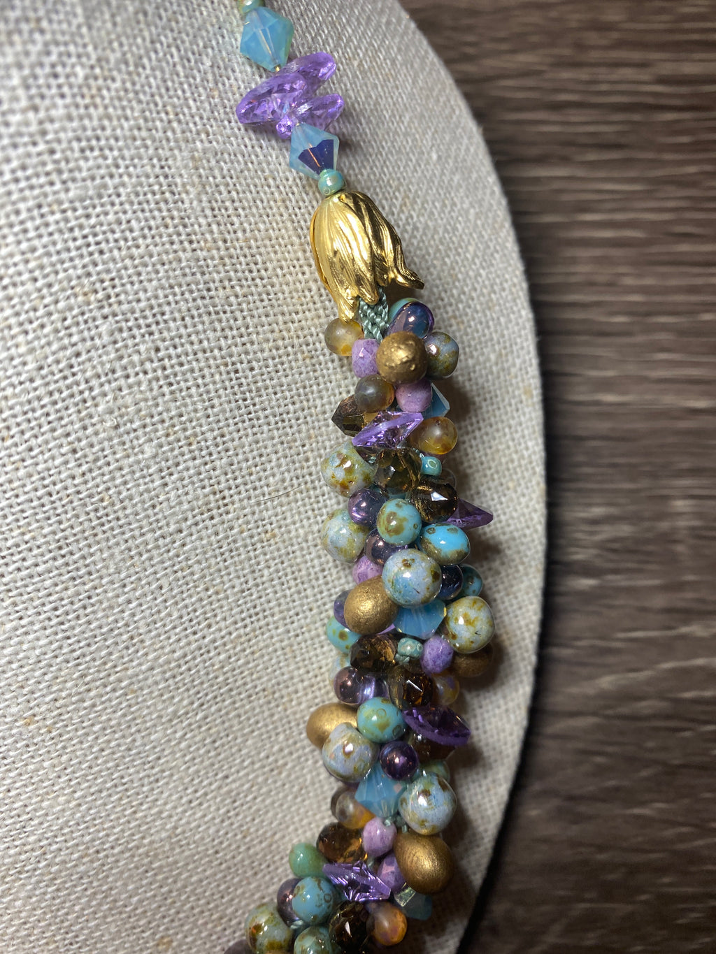 Necklace, finished jewelry, kimohimo, crystals with gold findings/clasp