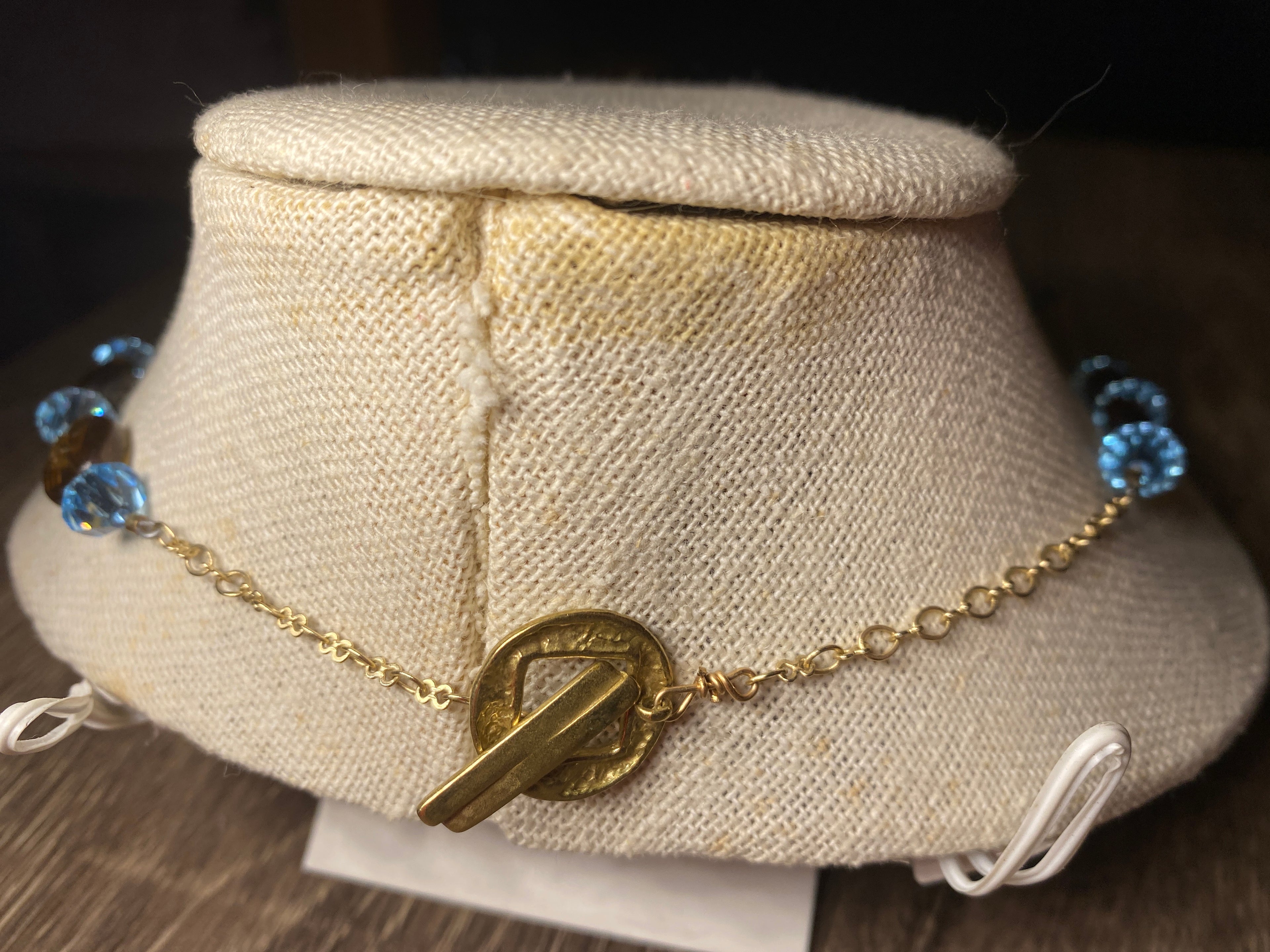 Necklace, finished jewelry, Smokey topaz and aqua champagne, golden shadow, and Czech glass top drilled crystals, gold adjustable findings/clasp
