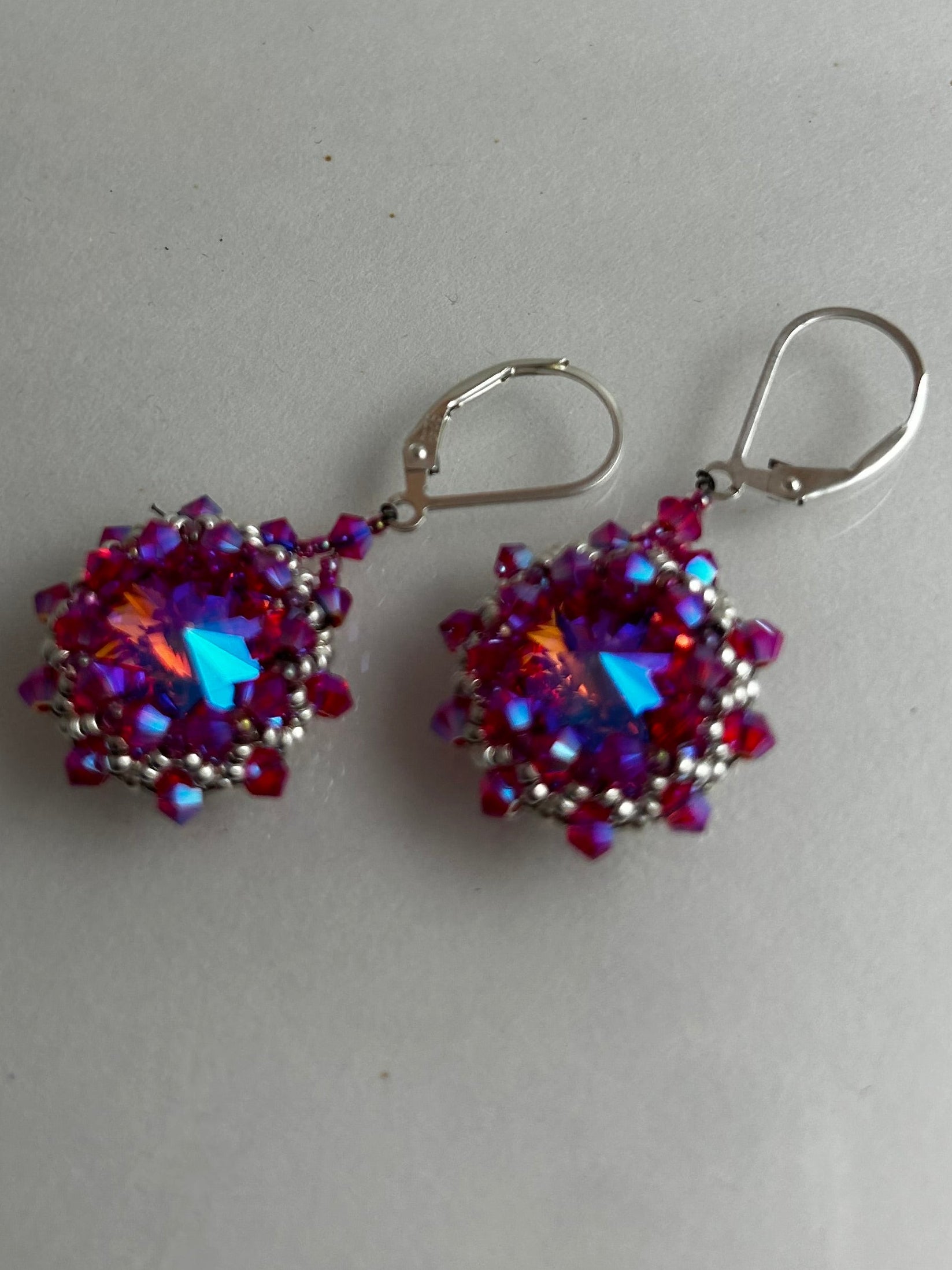 Earrings, finished jewelry, Fire opal 14mm rivoli with silver earring
