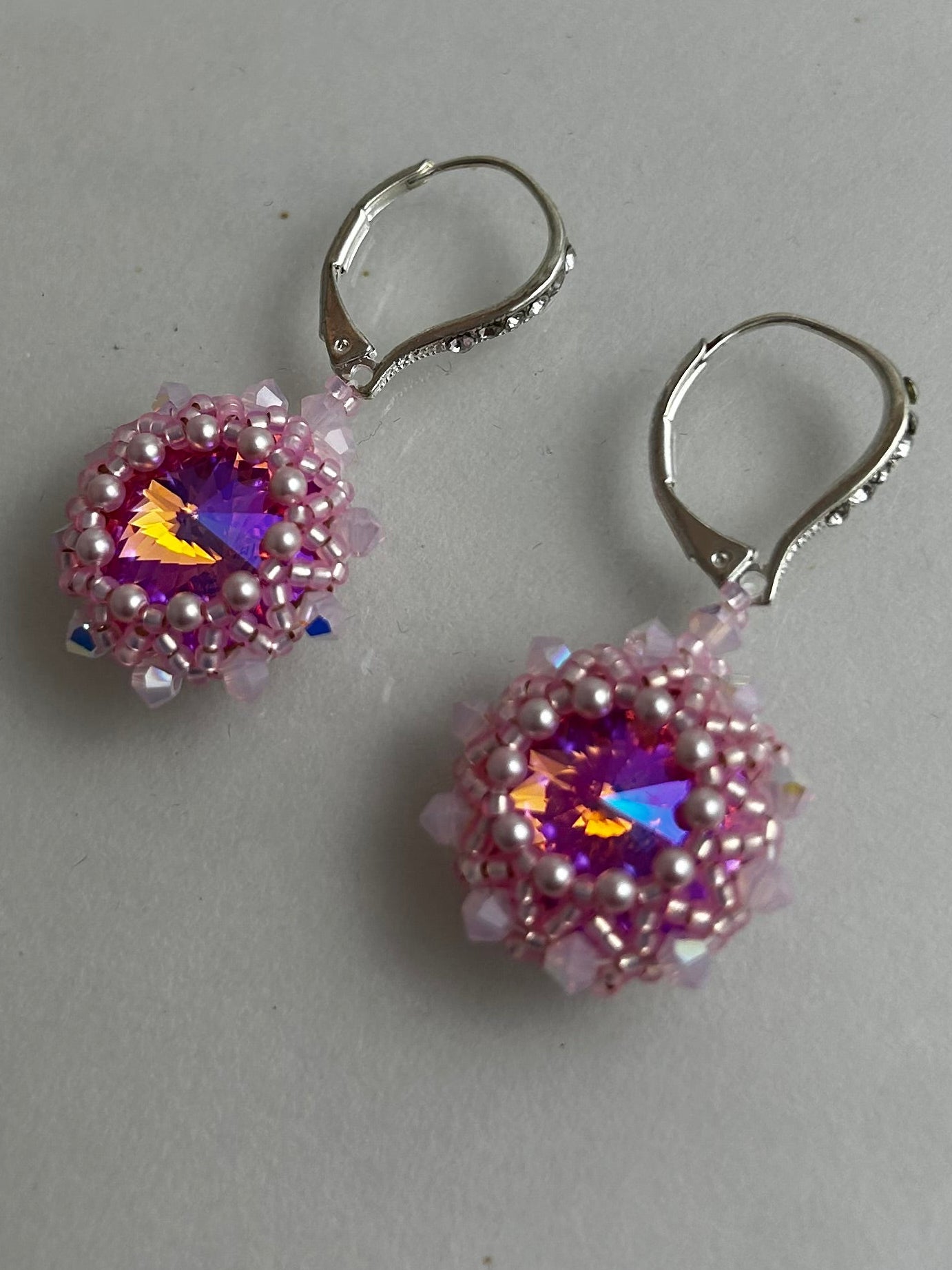 Earring, finished jewelry, Rose water opal and pearl with light rose glacier blue 14 mm rivoli earring