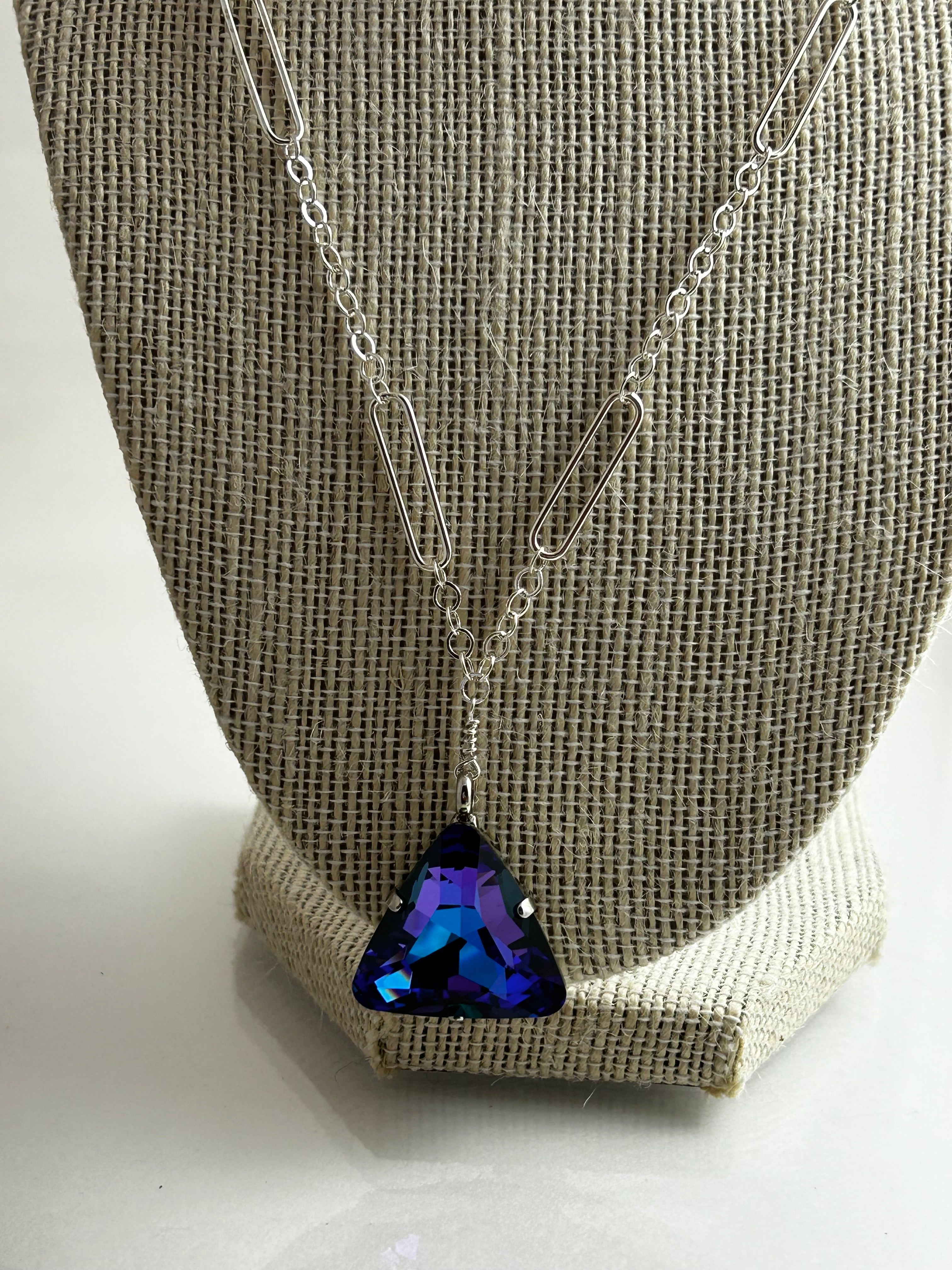 Necklace, finished jewelry, Heliotrope 23mm tri with silver adjustable clasp necklace