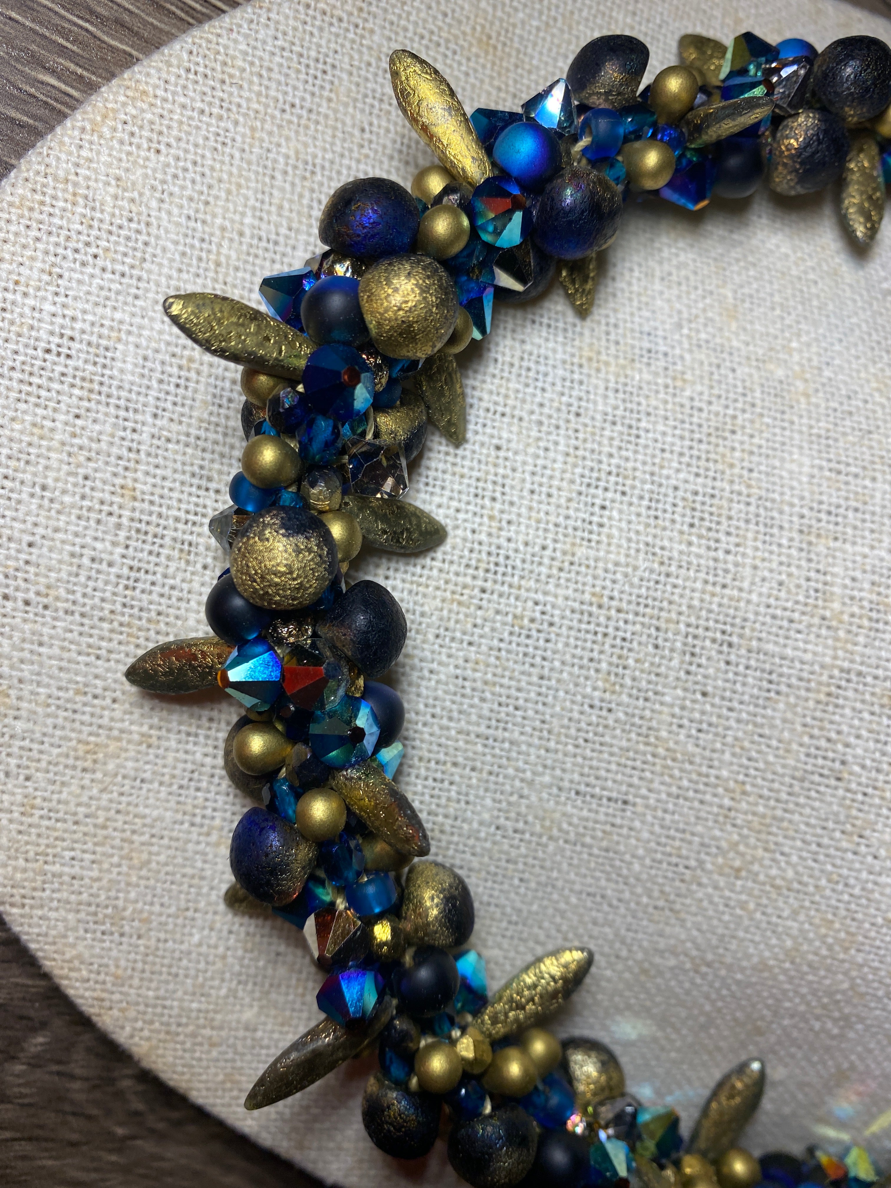 Necklace, finished jewelry, kumihimo, daggers and drops, tabac and jet AB2x top drilled crystals with gold findings/clasp