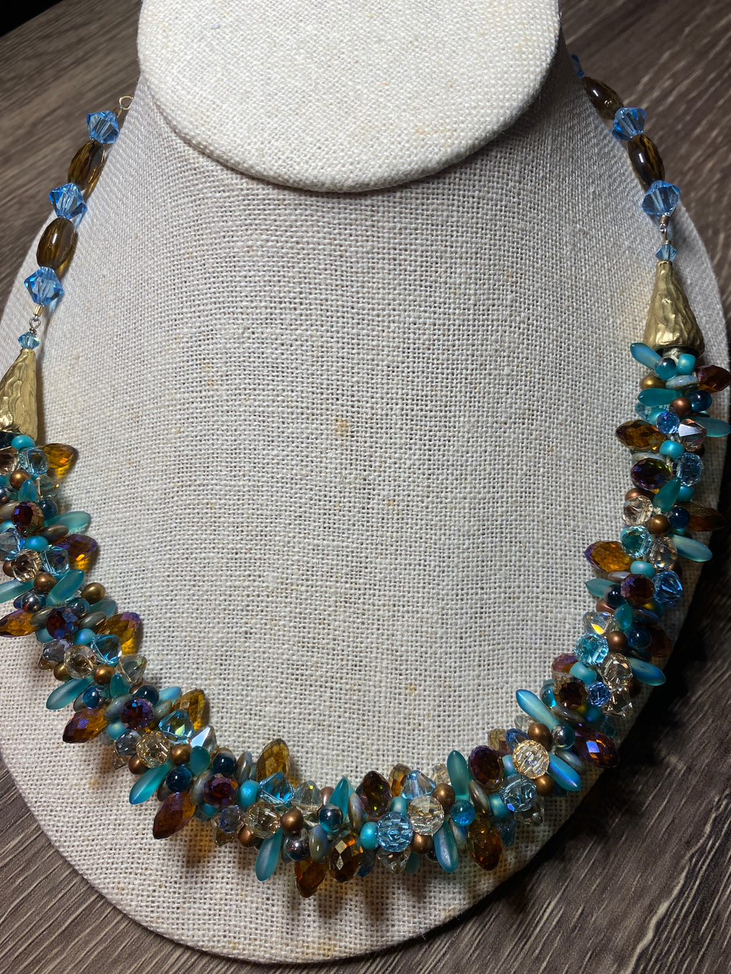 Necklace, finished jewelry, Smokey topaz and aqua champagne, golden shadow, and Czech glass top drilled crystals, gold adjustable findings/clasp