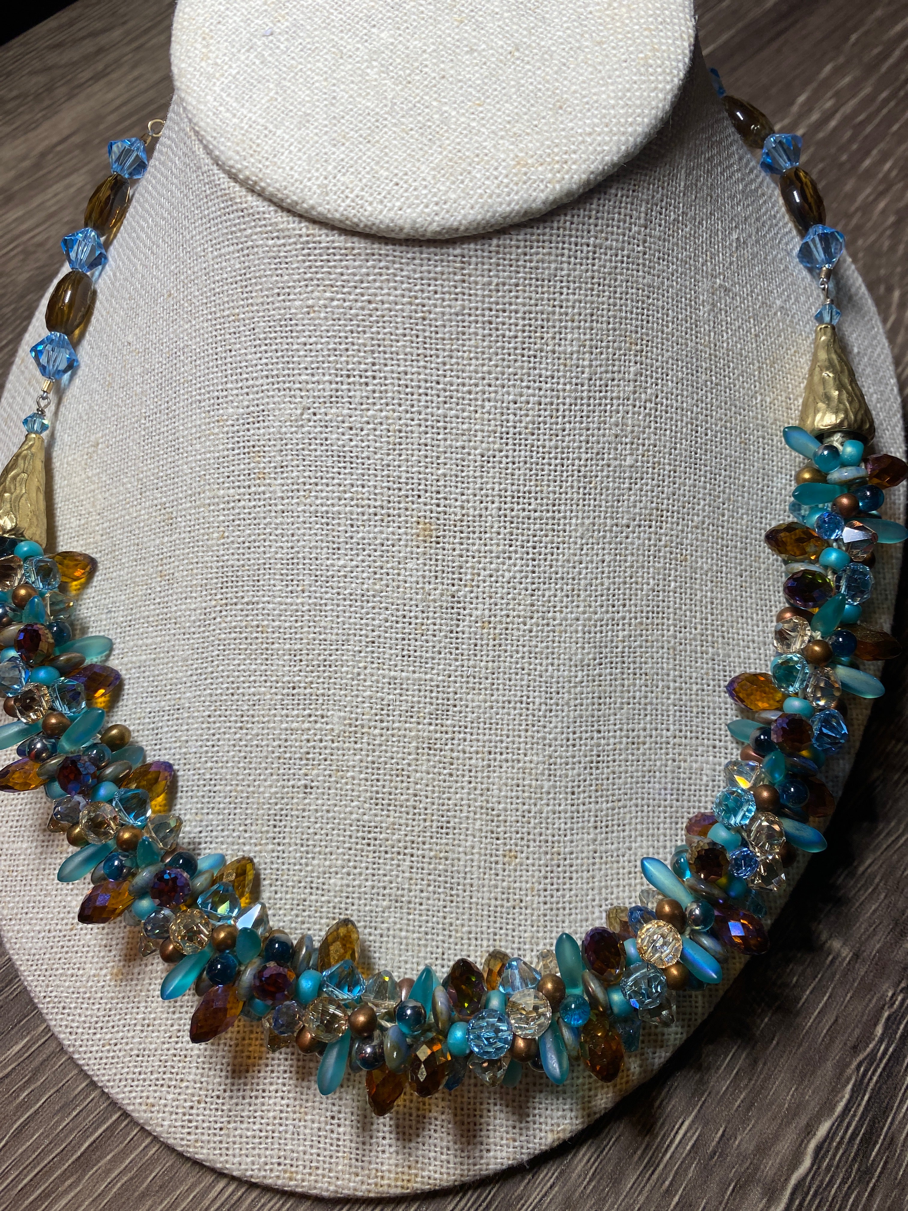 Necklace, finished jewelry, Smokey topaz and aqua champagne, golden shadow, and Czech glass top drilled crystals, gold adjustable findings/clasp