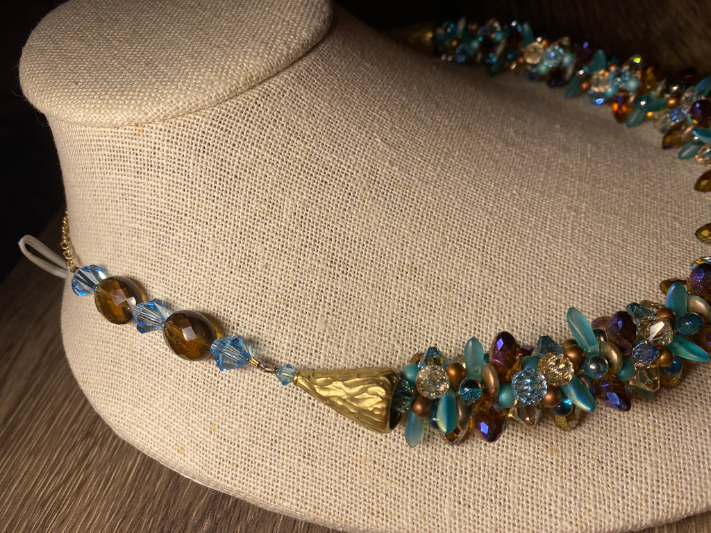 Necklace, finished jewelry, Smokey topaz and aqua champagne, golden shadow, and Czech glass top drilled crystals, gold adjustable findings/clasp