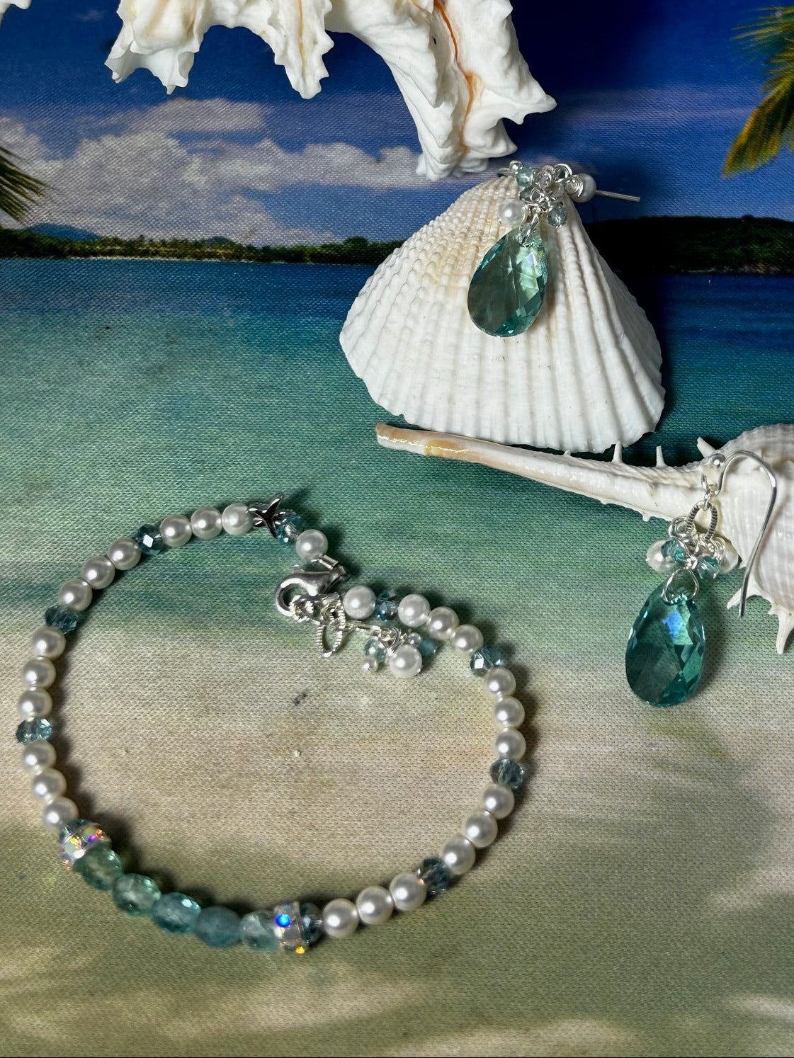 Aqua champagne crystals and genuine aquamarine stones with fresh water pearls earrings and bracelet set with silver clasp! 