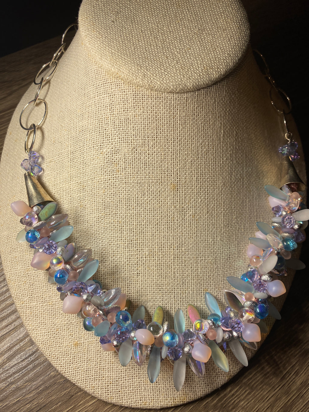 Necklace, finished jewelry, kumihimo, daggers and drops with Provence lavender crystals with silver findings/clasp