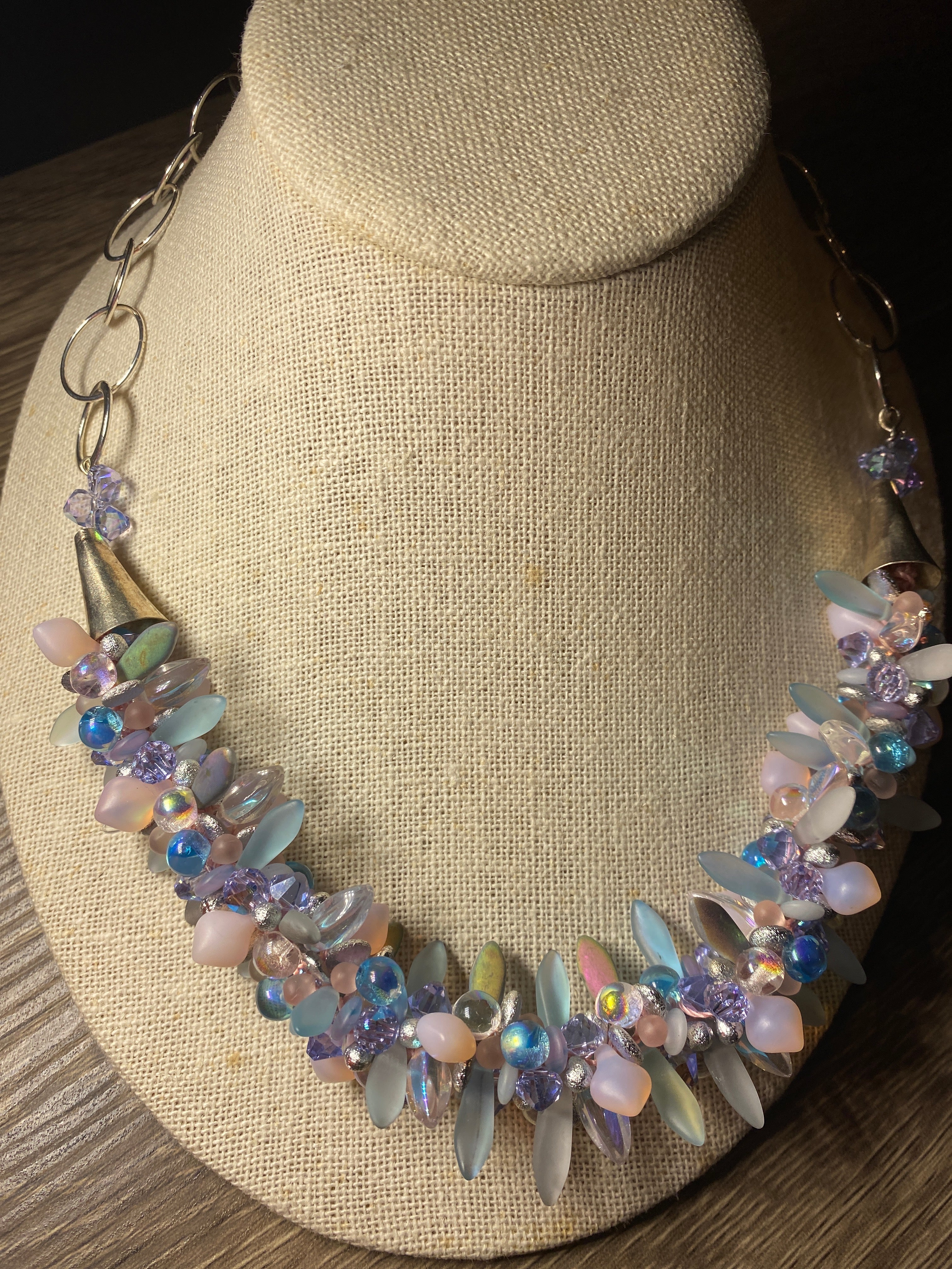 Necklace, finished jewelry, kumihimo, daggers and drops with Provence lavender crystals with silver findings/clasp