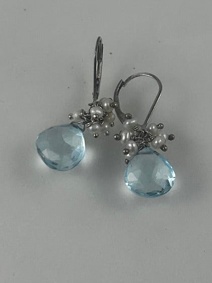 Blue topaz with pearls and sterling leverback  earwires $85.00