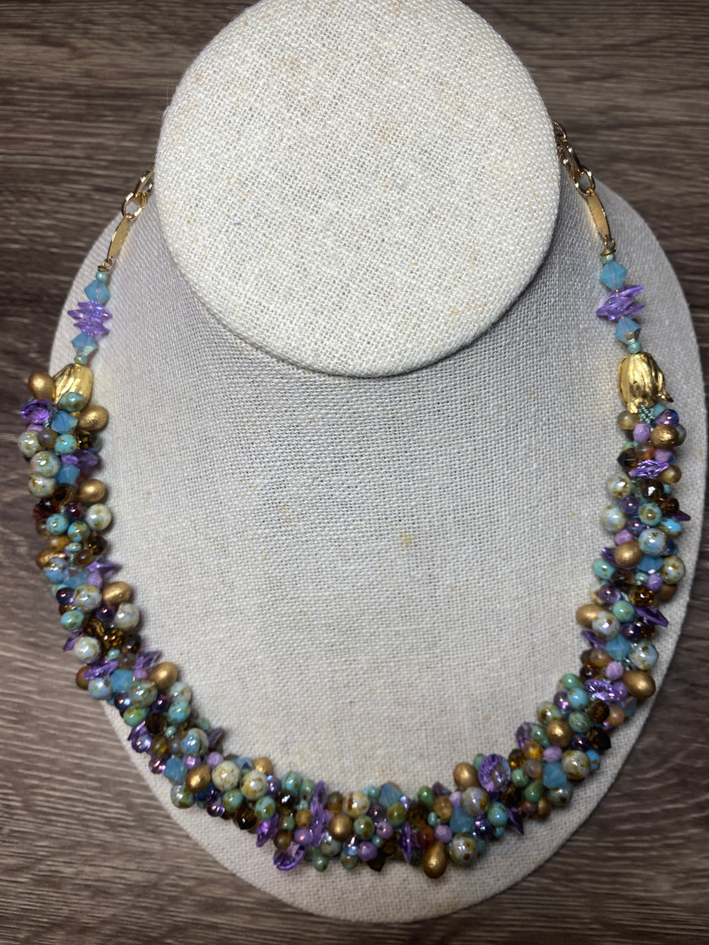 Necklace, finished jewelry, kimohimo, crystals with gold findings/clasp
