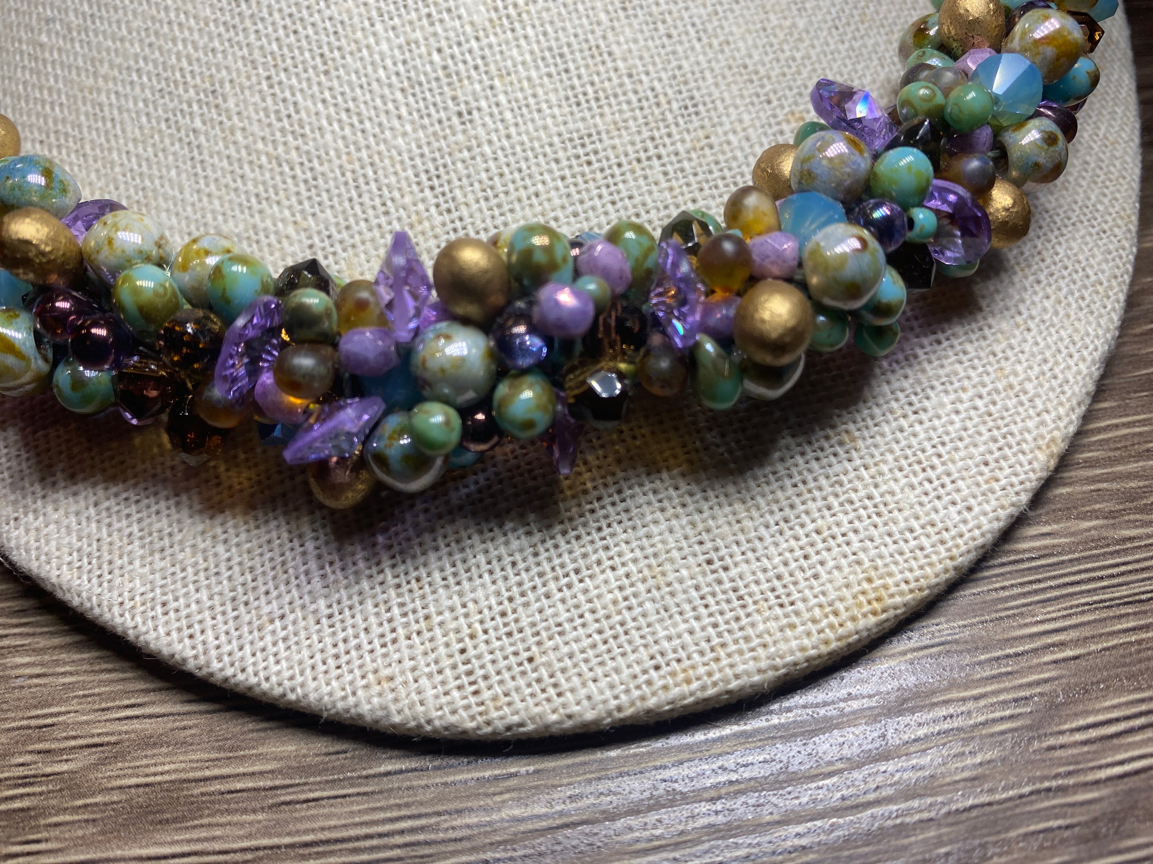 Necklace, finished jewelry, kimohimo, crystals with gold findings/clasp