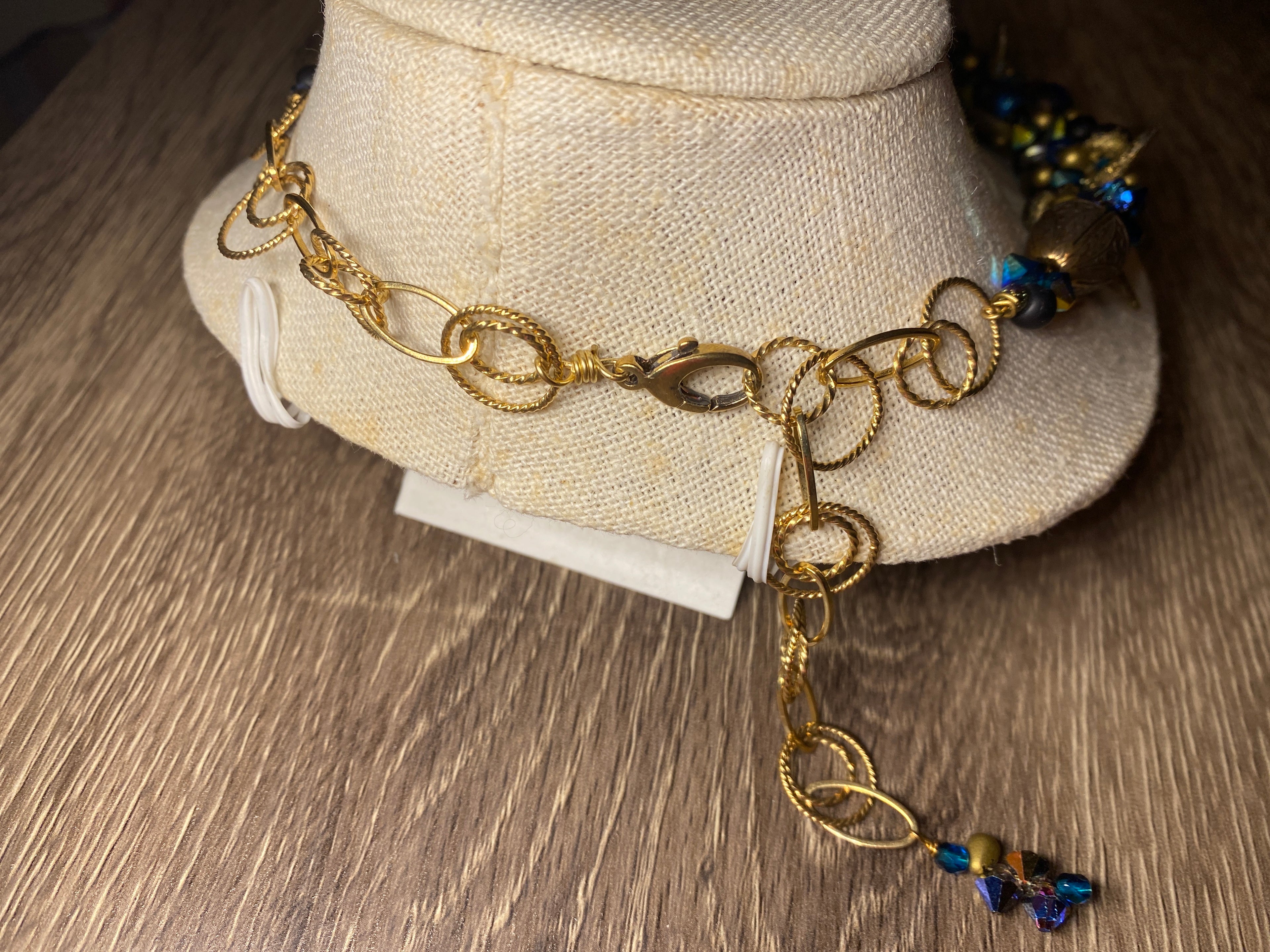 Necklace, finished jewelry, kumihimo, daggers and drops, tabac and jet AB2x top drilled crystals with gold findings/clasp