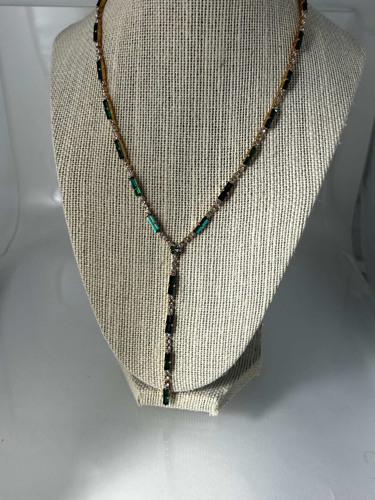 Necklace, finished jewelry, Gold rhodium, emerald 10x3mm crystal, clear crystal accents