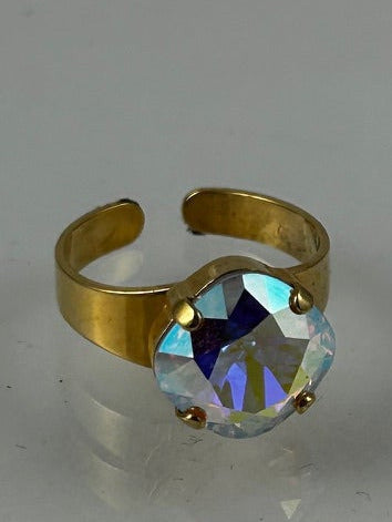 ring, finished jewelry, 12mm crystal AB in gold rhodium adjustable ring