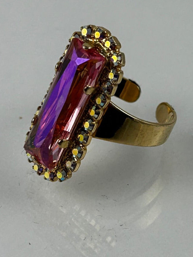 ring, finished jewelry, 21x7 mm rose glacier blue crystal in gold rhodium with crystal ab bling edge