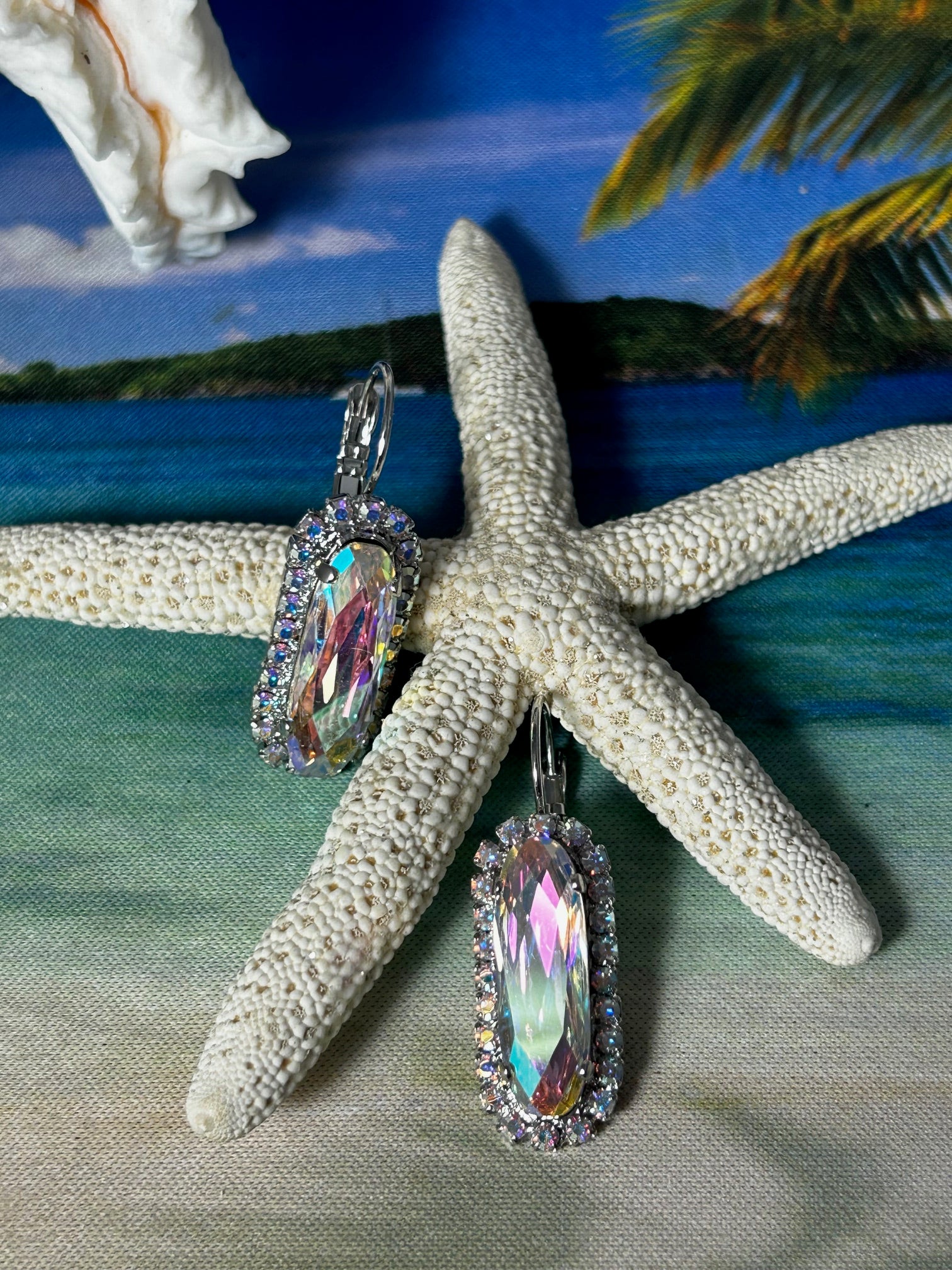 Earrings, finished jewelry, 21x7mm crystal AB, silver lever backs with bling!