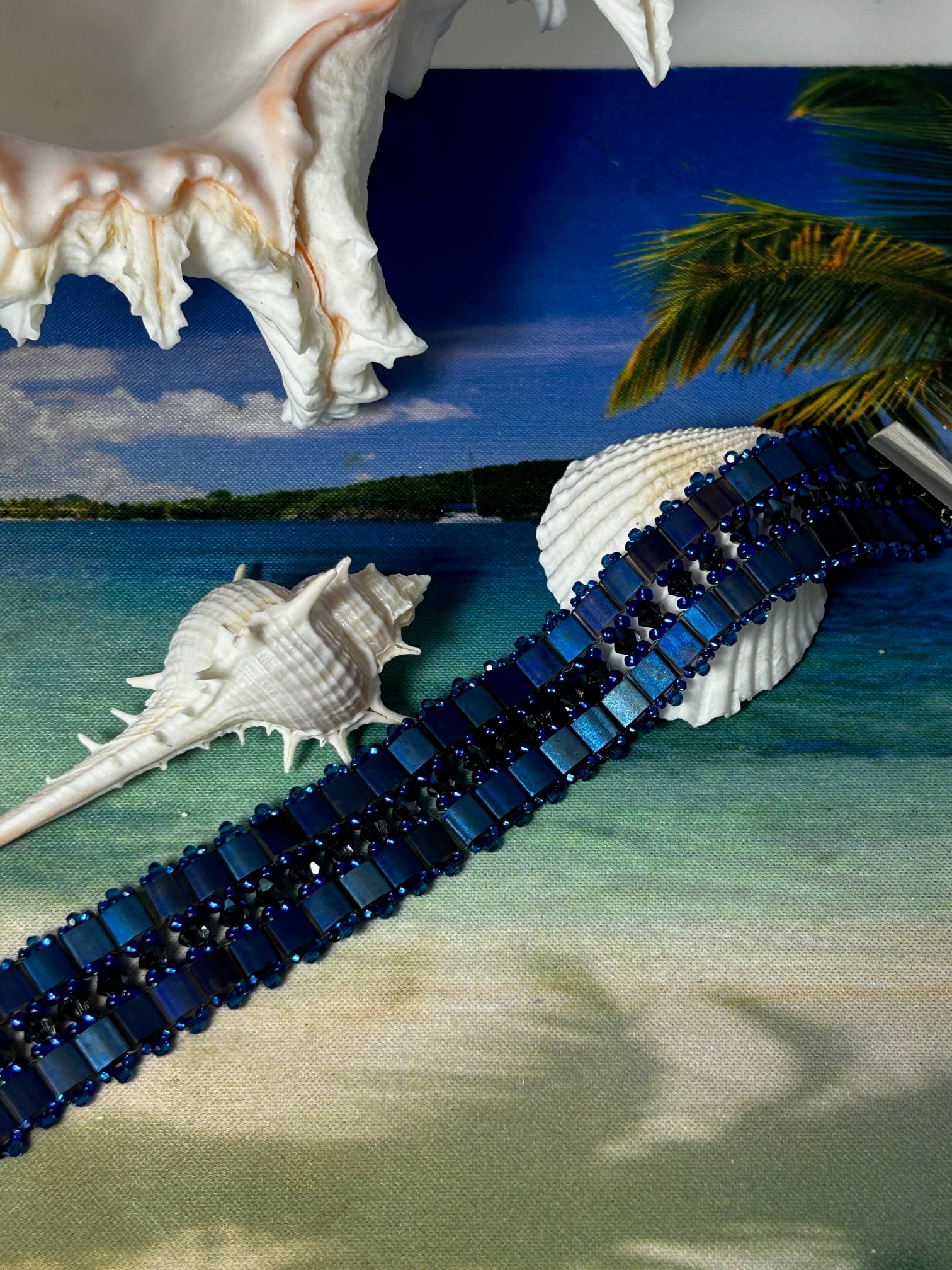 Bracelet, finished jewelry, double Tila in reversible blue/black color, sterling clasp and capri 2mm crystals pico accent