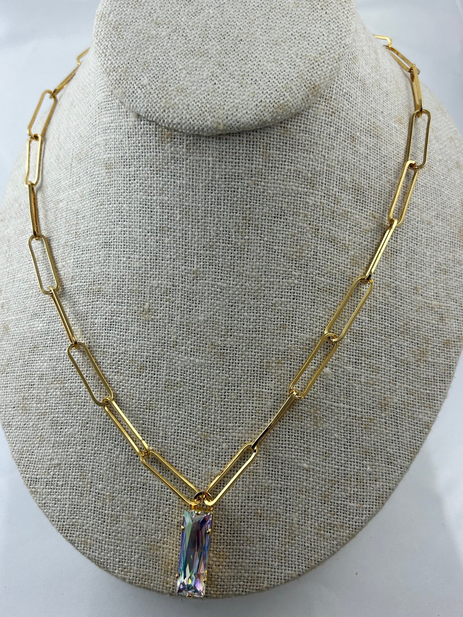 Gold rhodium Necklace, finished jewlery, paperclip chain, crystal AB 21x7 regulator stone with adjustable clasp