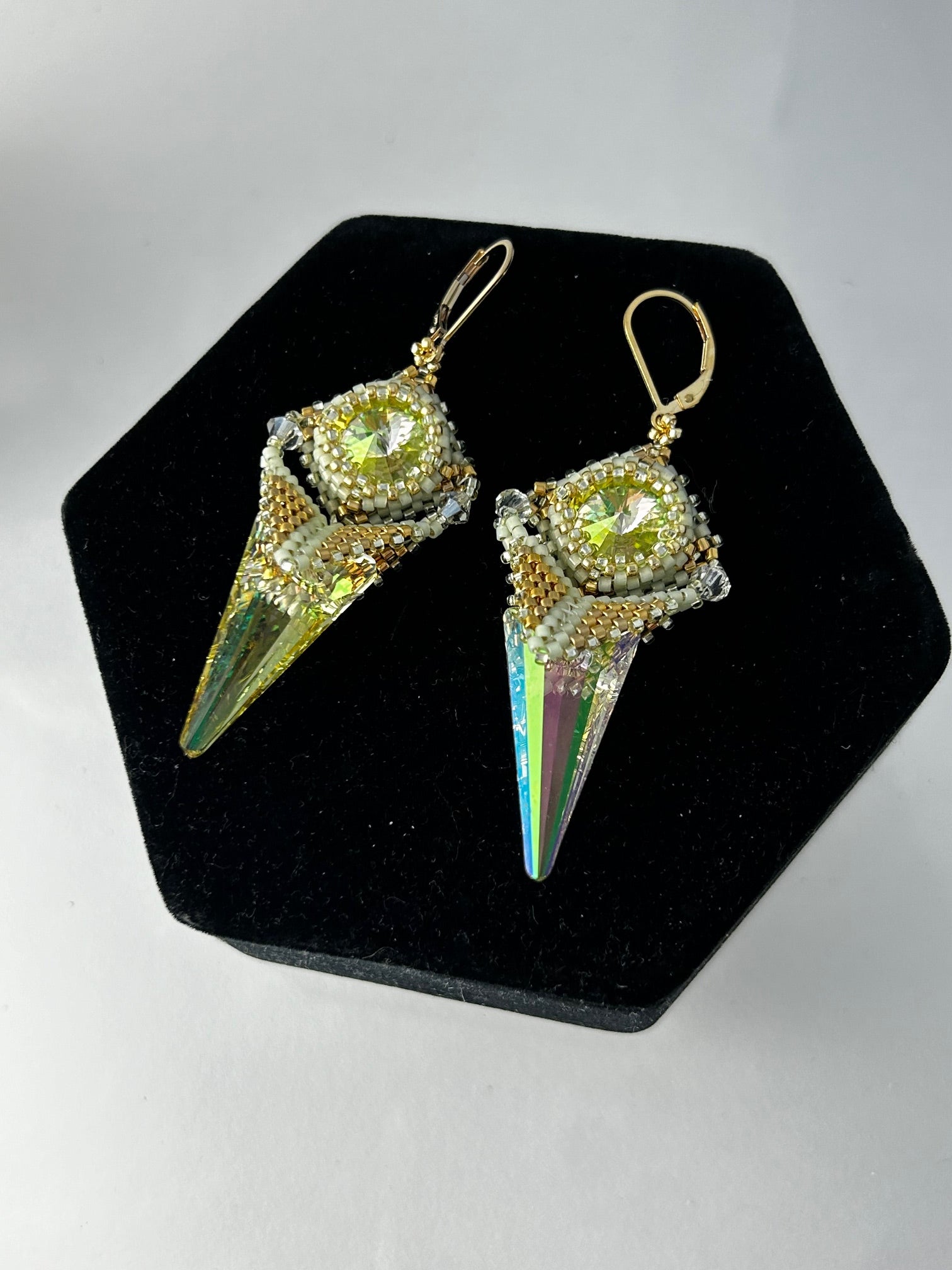 Earrings, finished jewelry, Two inch luminous green and gold spike earrings
