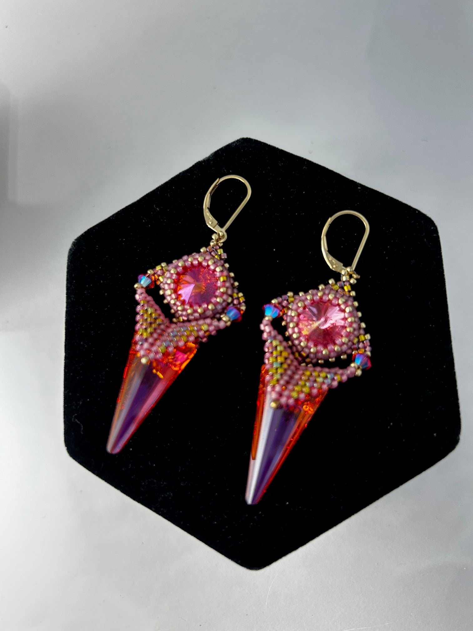 earrings, finished jewelry, Two inch astral pink and rose crystals with  gold findings earrings