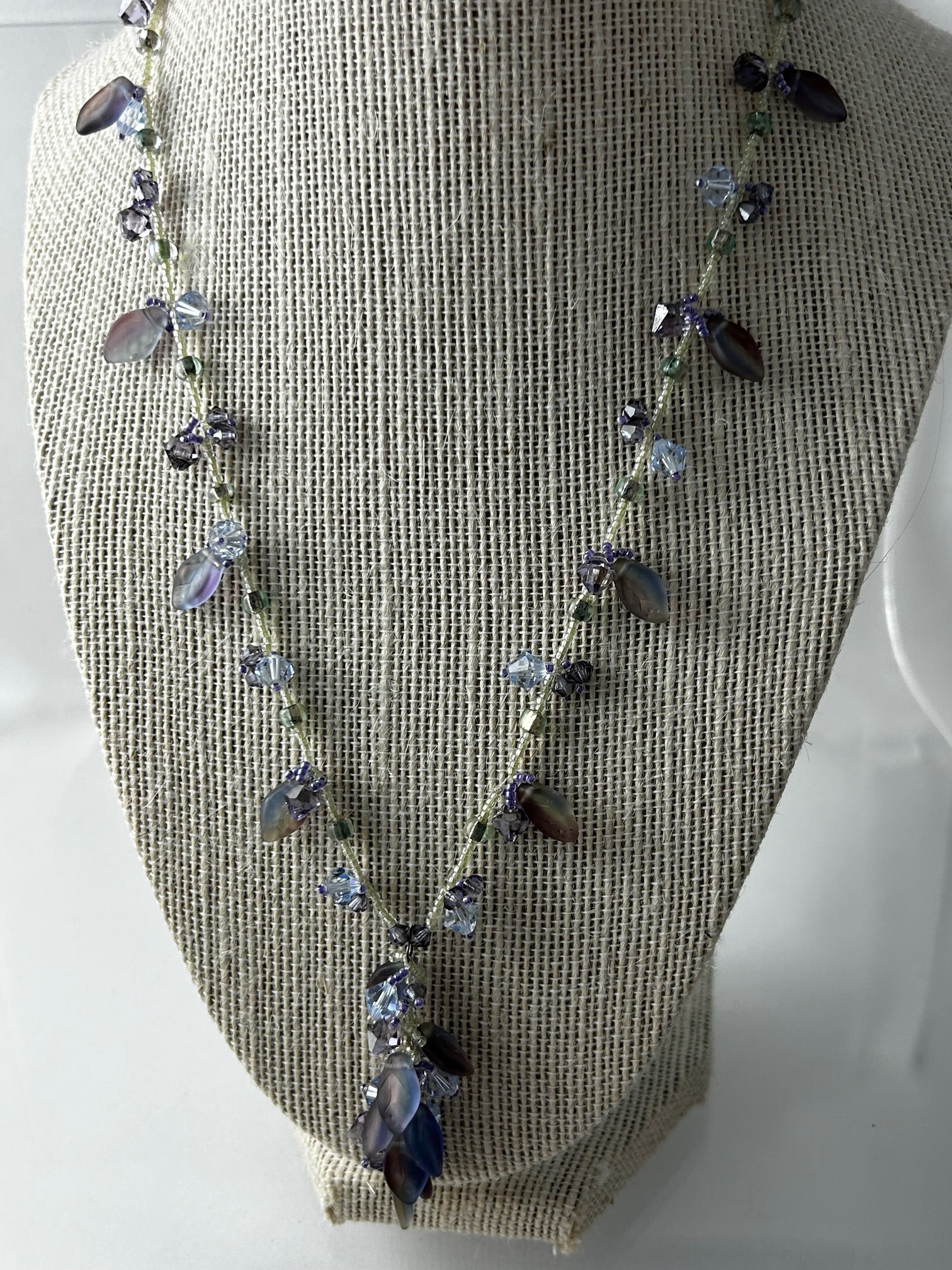 Necklace, finished jewelry, Violet and jonquil satin necklace with sterling silver clasp