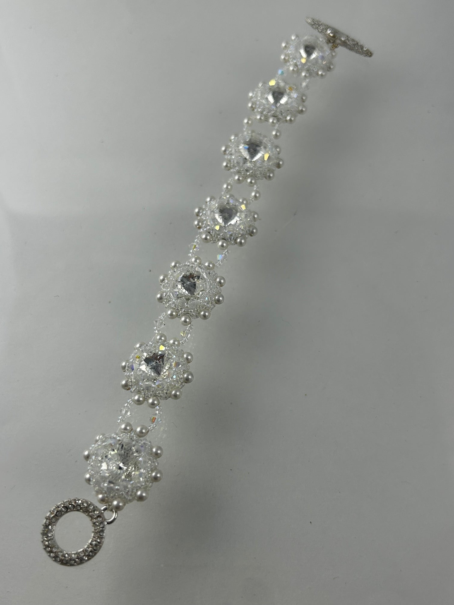 Bracelet, finished jewelry, 14mm rivoli with 3mm crystal ab and pearl bracelet with Fancy clasp